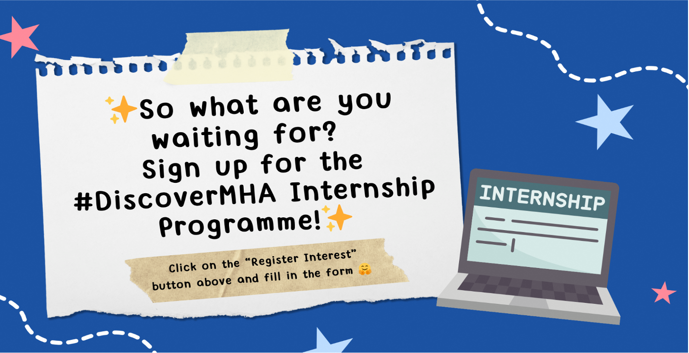 #DiscoverMHA Internship ad. Torn paper with text, a laptop displaying "Internship," stars on blue background.